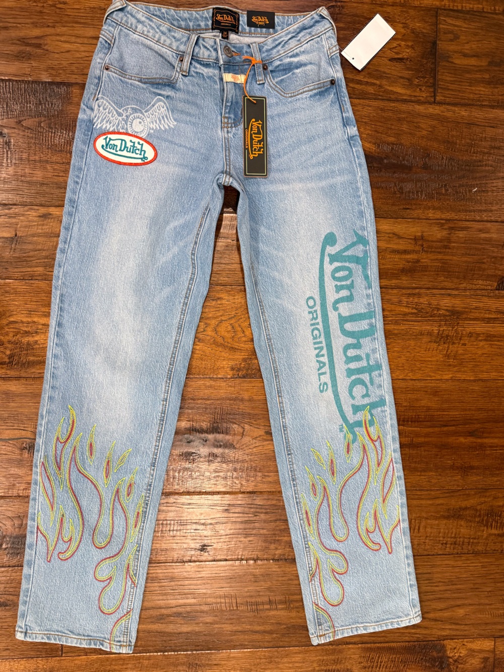 Von Dutch Light Blue Straight Jeans with Teal Logo & Multicolor Flame Embroidery